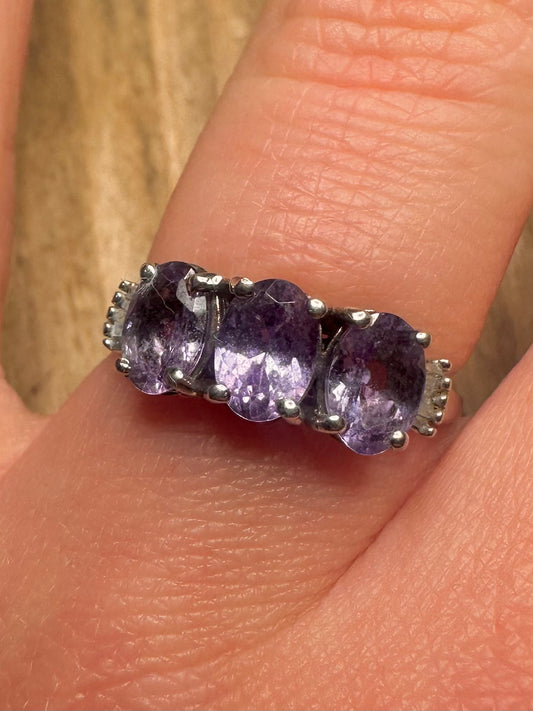 Vintage Amethyst and White Stone 925 Sterling Silver Size O1/2 Ring