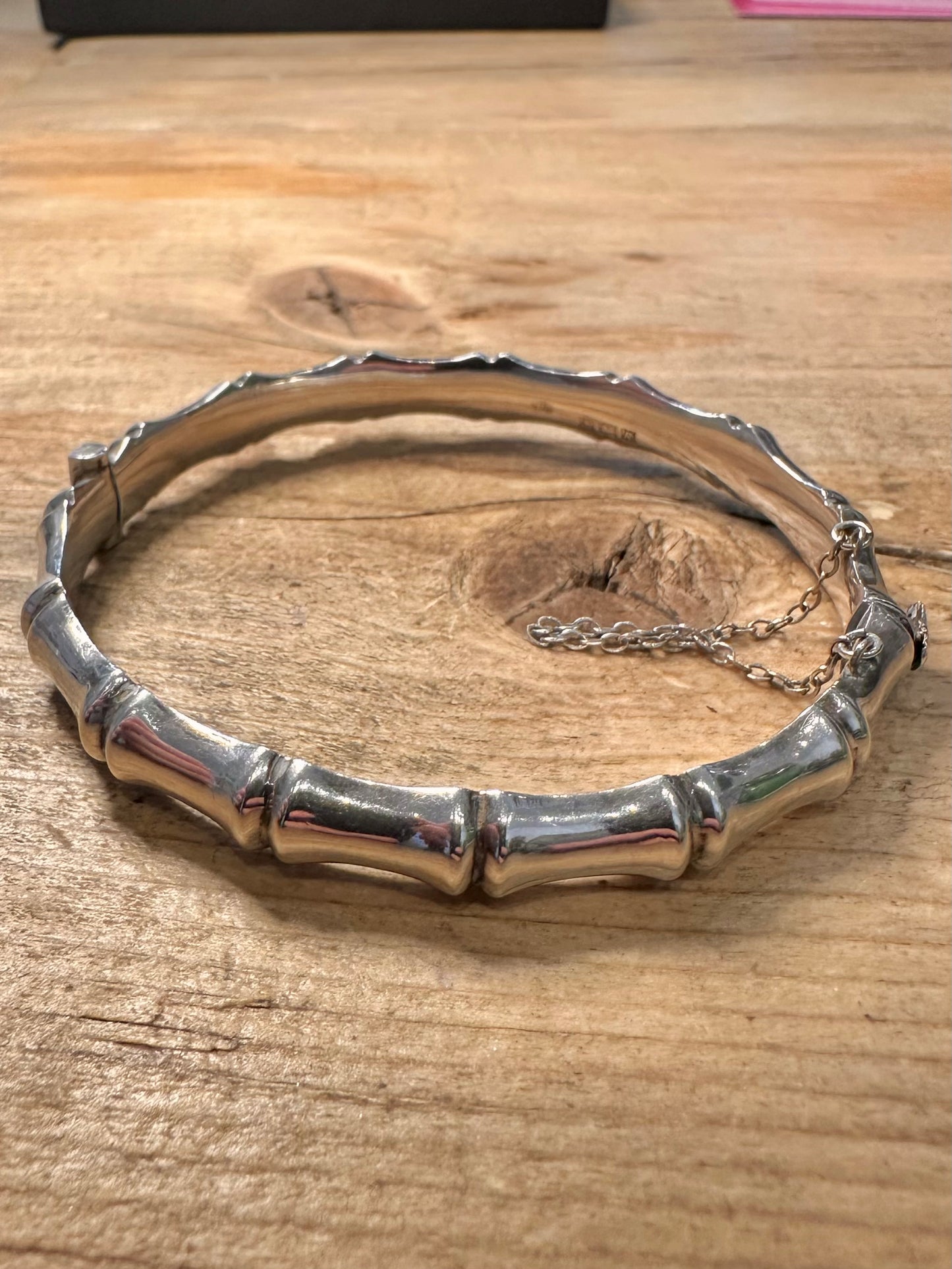 Vintage 1966 Bamboo Style with Safety Chain 925 Silver Bangle