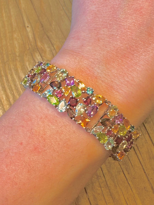 Multi Gemstone 2007 Wide 925 Sterling Silver 7.5 inch Bracelet