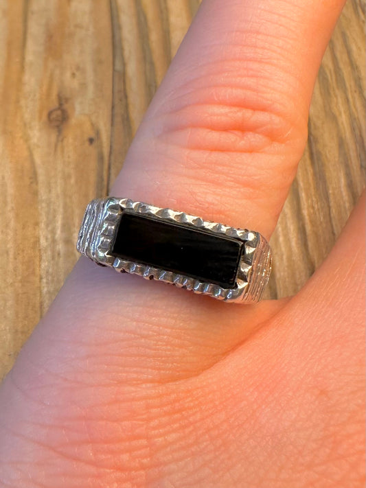 Onyx Bark Effect 925 Sterling Silver Size O1/2 Ring