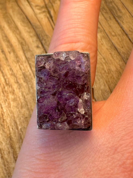 Stunning 1971 Rectangle Raw Amethyst 925 Sterling Silver Size M Ring