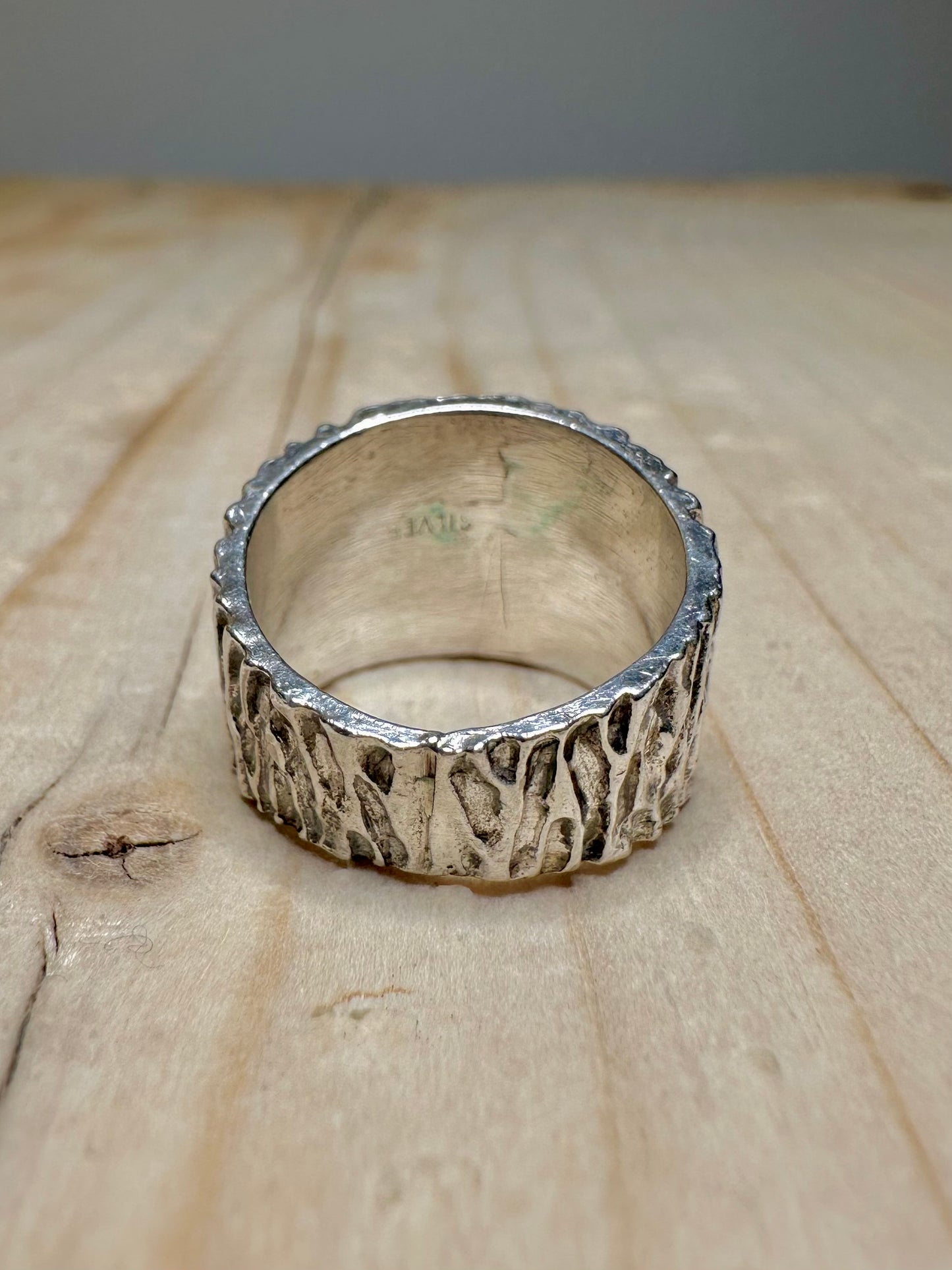 Moss Agate Bark Effect 925 Sterling Silver Size J Ring