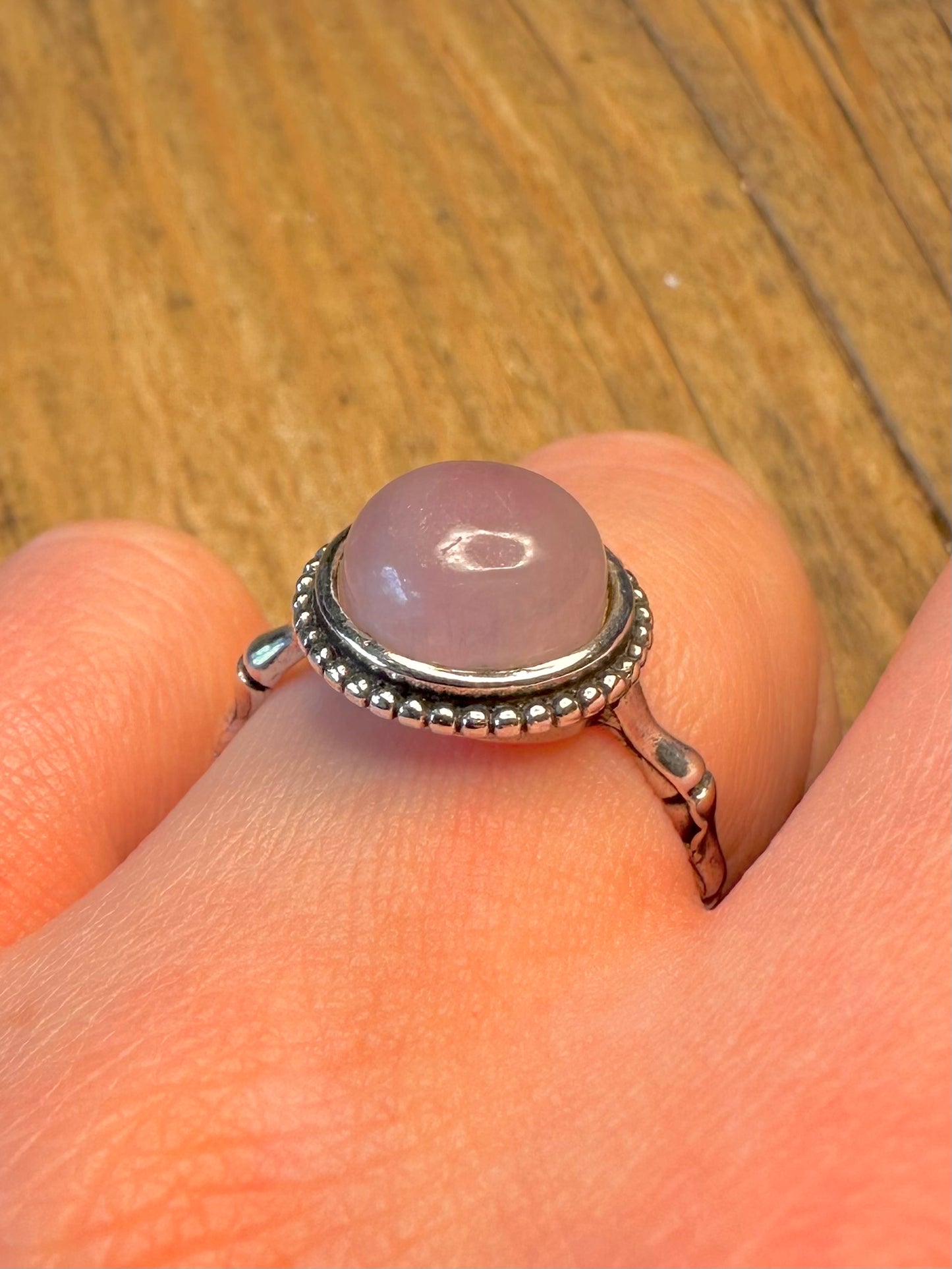 Rose Quarts Bamboo Style Adjustable 925 Sterling Silver Size R Ring
