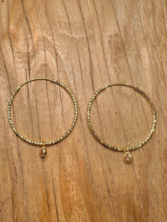 Modern Textured Hoops Orange Stone Gold on 925 Sterling Silver Earrings