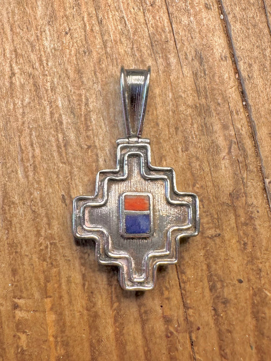 Unique Coral and Lapis Cross 950 Silver Pendant