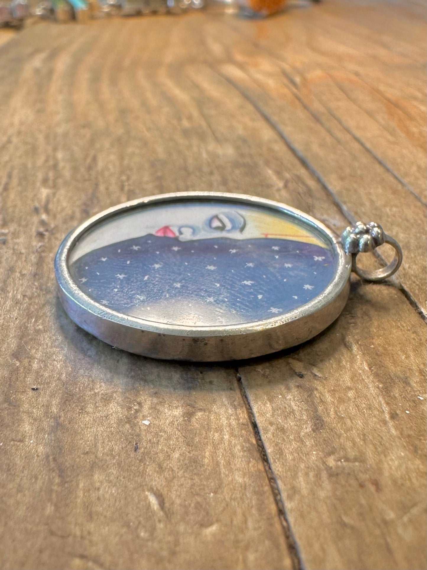 Moon Face and Night Sky Circle 925 Sterling Silver Pendant