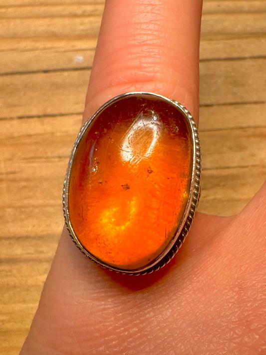Vintage Amber Oval 925 Sterling Silver Size O Ring