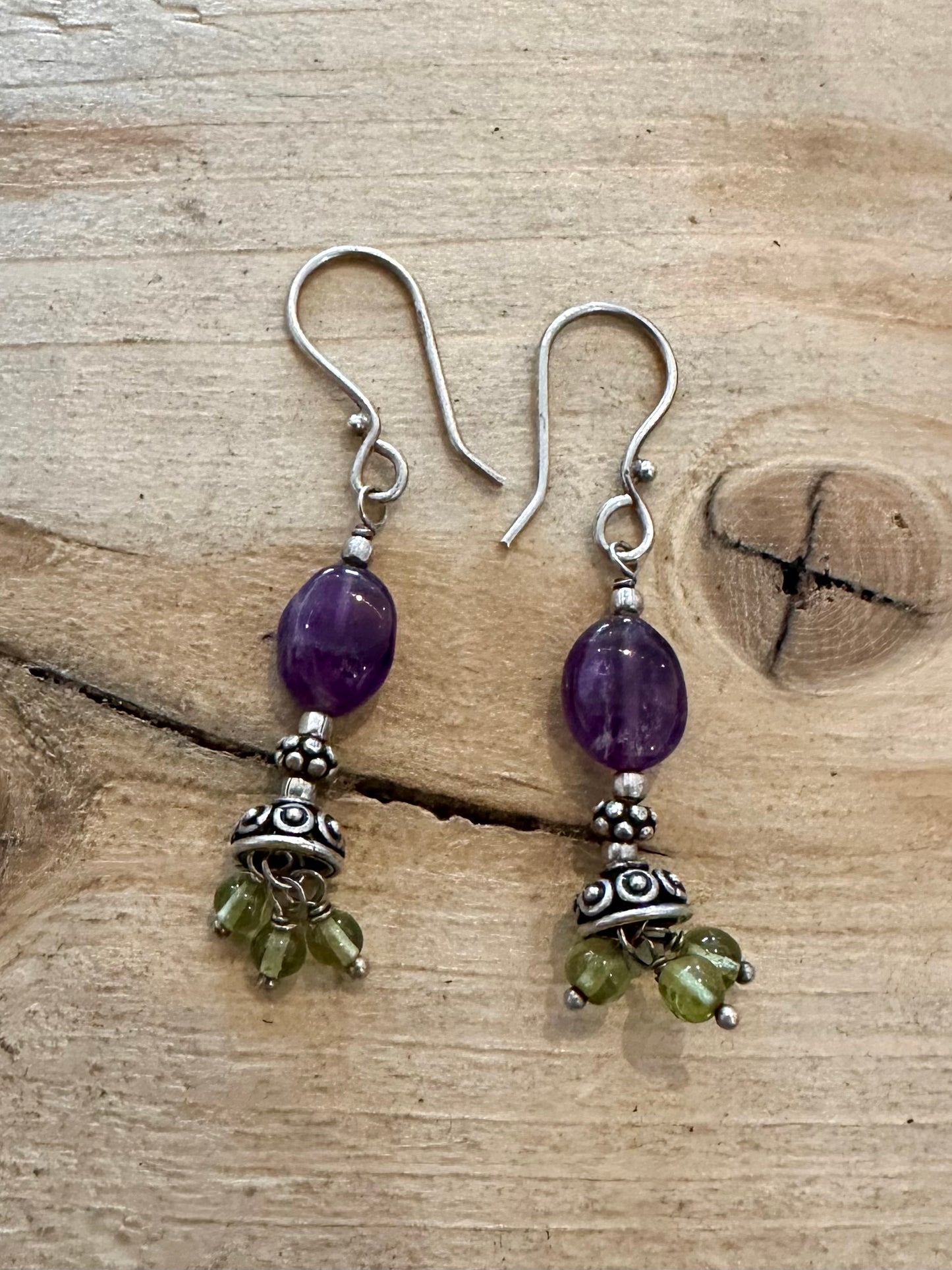 Vintage Amethyst and Peridot Dangle 925 Silver Earrings