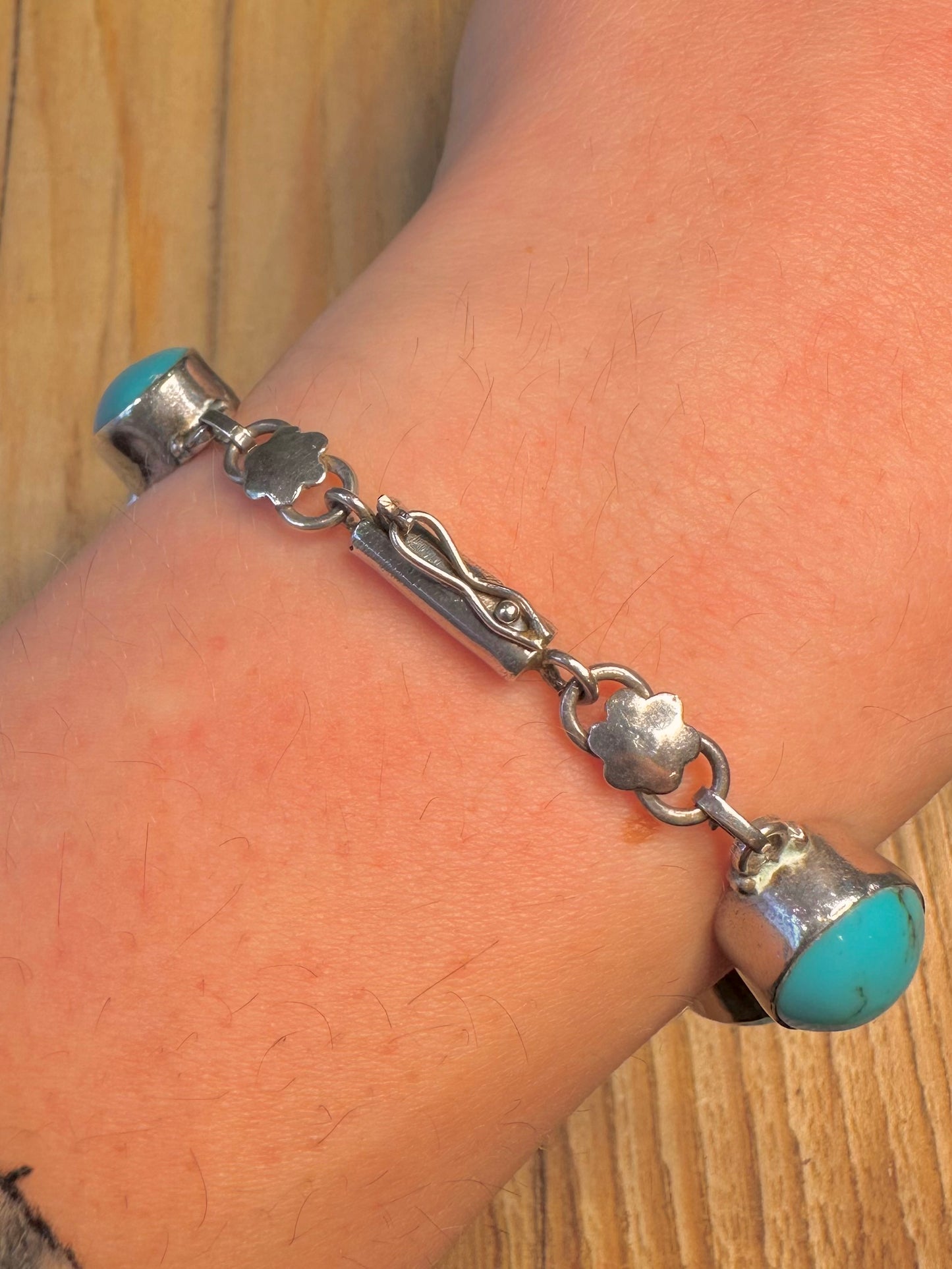 Vintage Turquoise Oval Link 925 Sterling Silver 8.5 Inch Bracelet