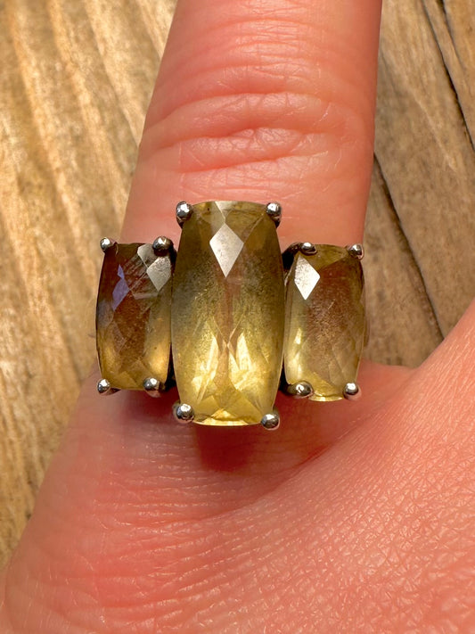 Vintage Citrine Three Faceted 925 Sterling Silver Size N Ring