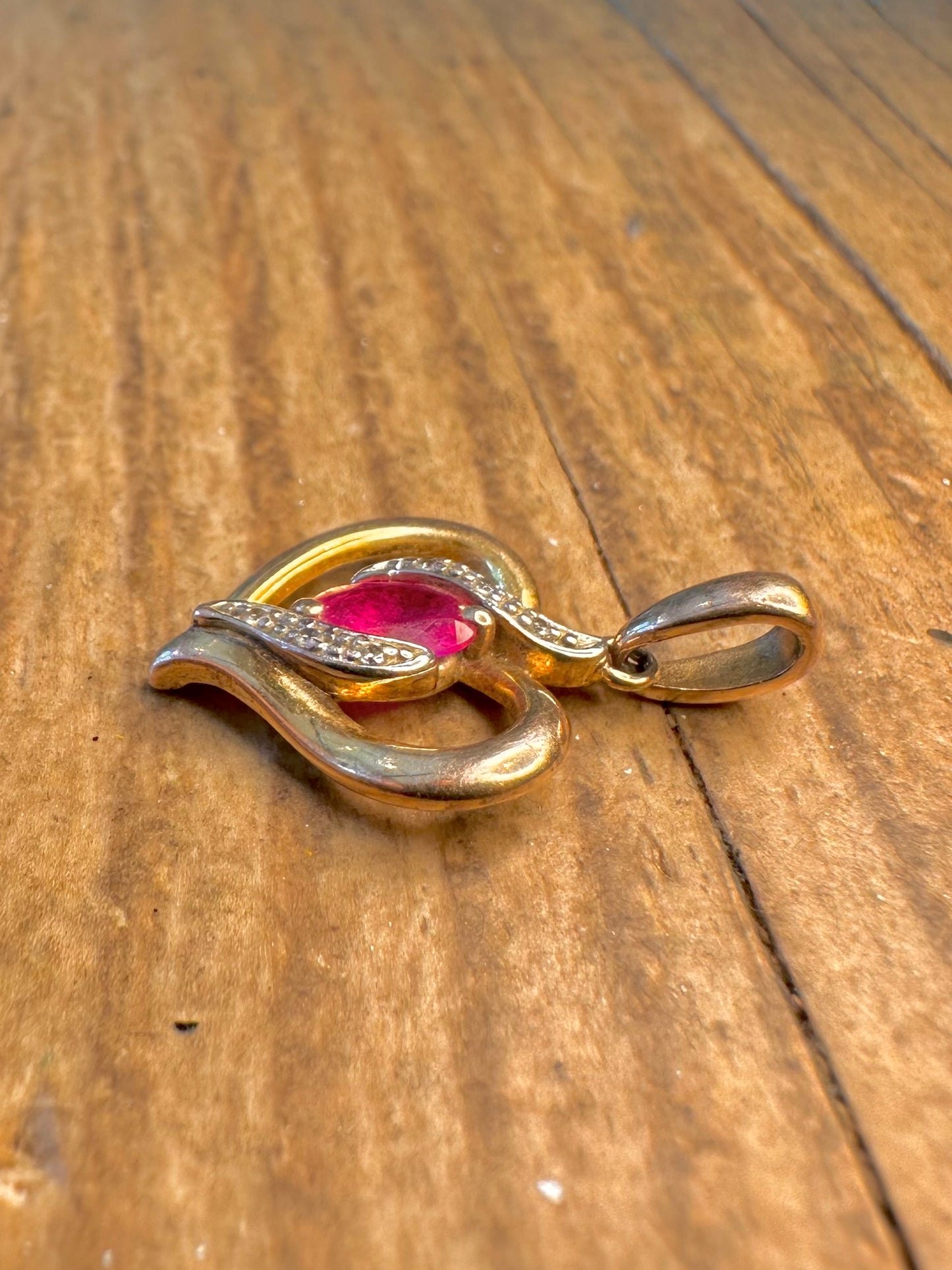 Heart Red Stone and CZ Gold on 925 Sterling Silver Pendant