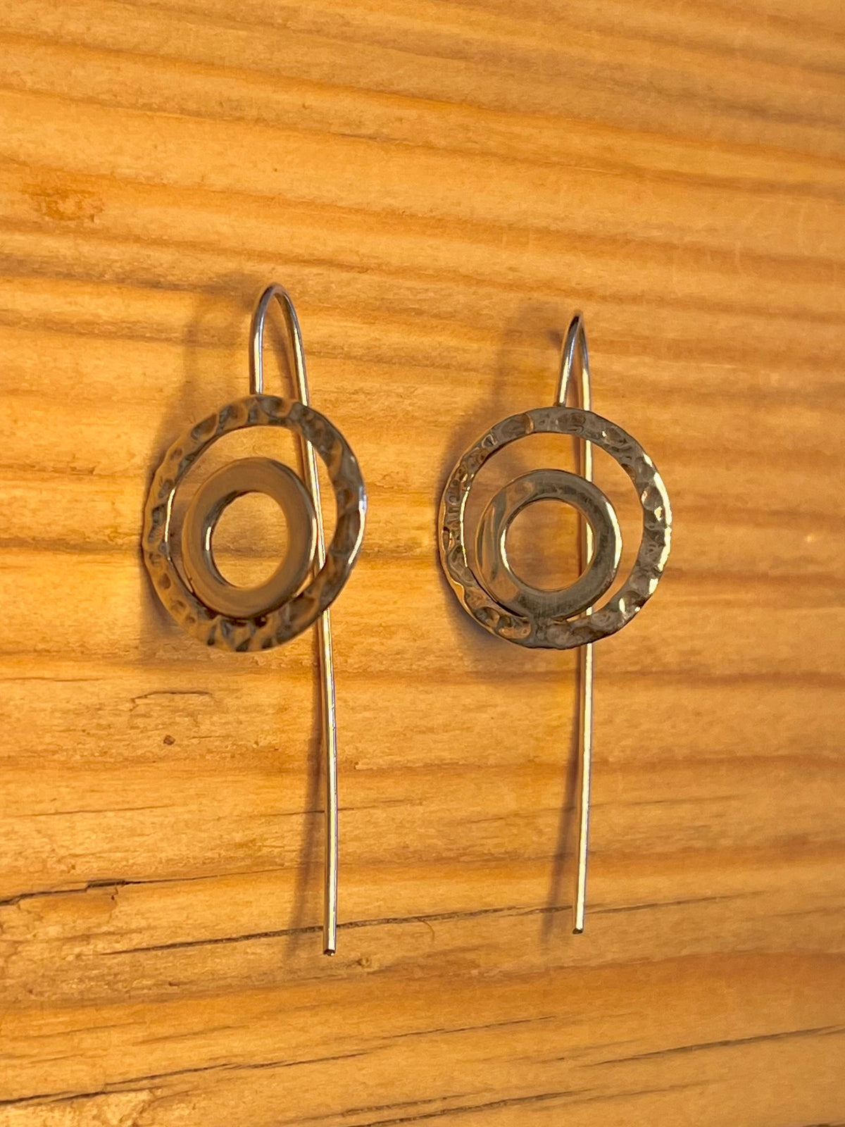 Flat Hammered Double Circle 925 Sterling Silver Drop Earrings