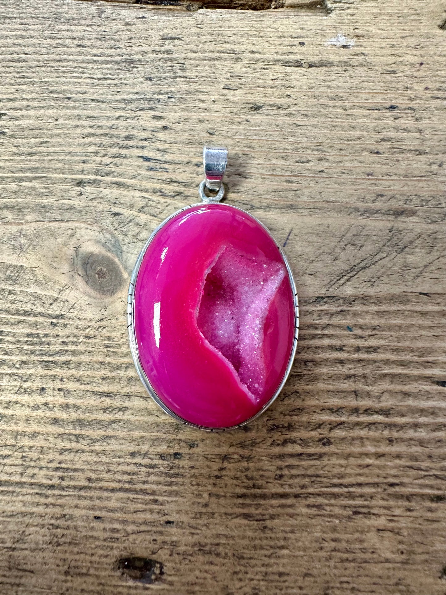 Vintage Pink Druzy Large Oval 925 Silver Pendant