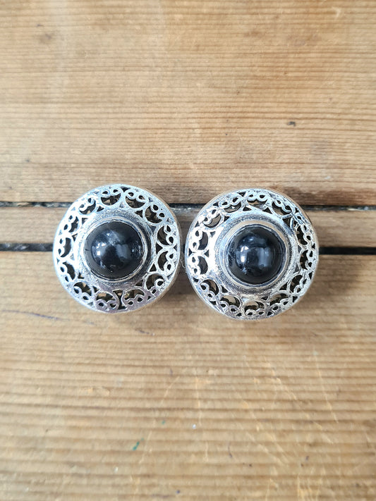 Vintage Black Stone Twist Back Silver Earrings