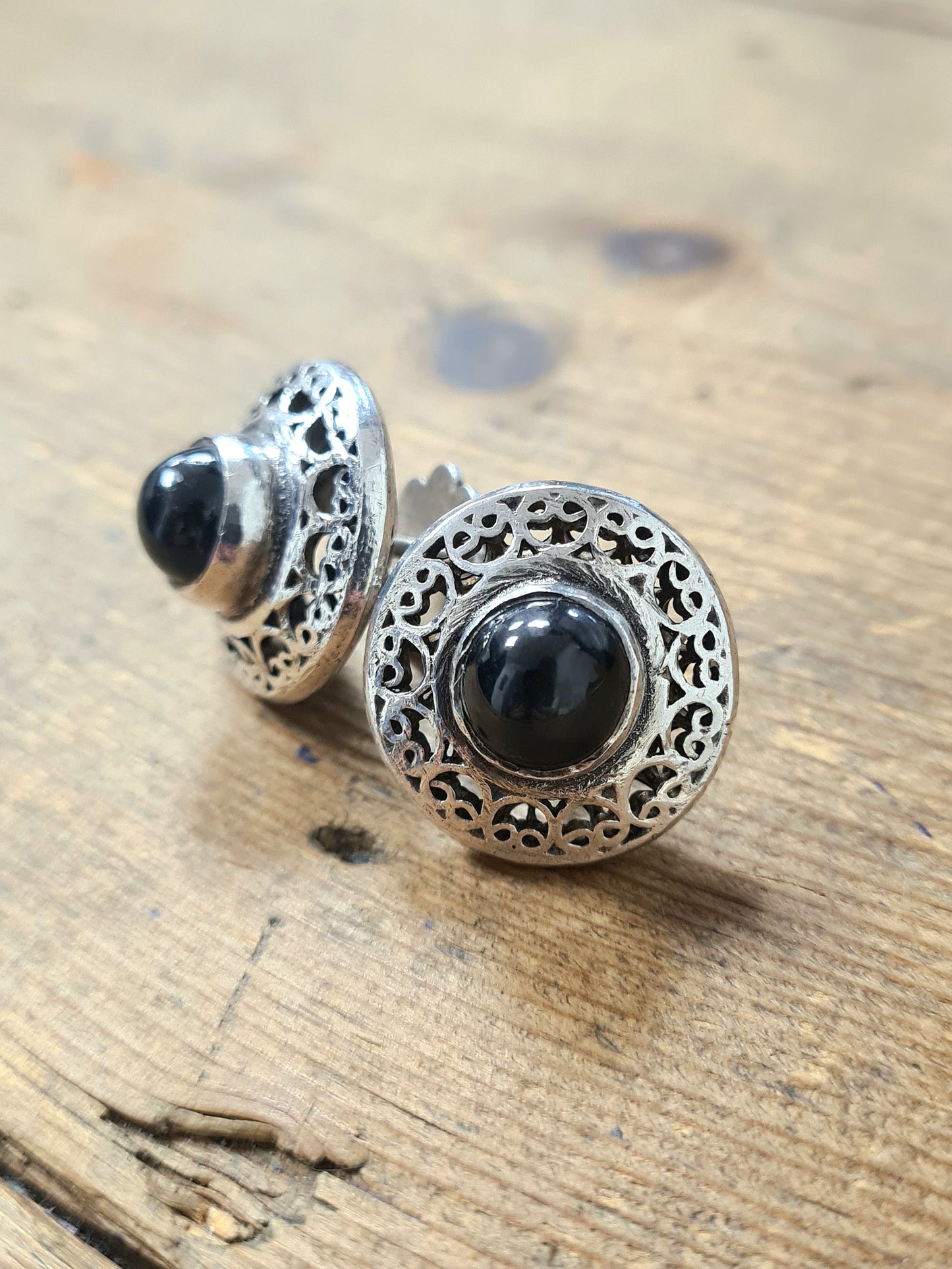 Vintage Black Stone Twist Back Silver Earrings