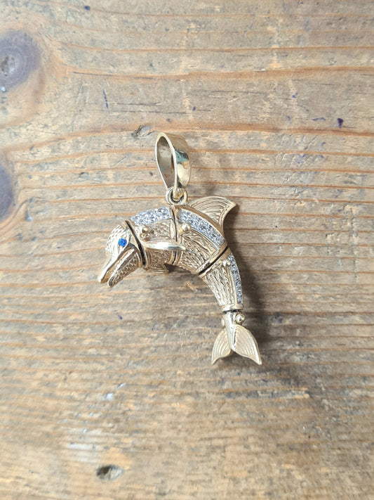 Vintage Dolphin White and Blue Stones 9ct Gold Pendant