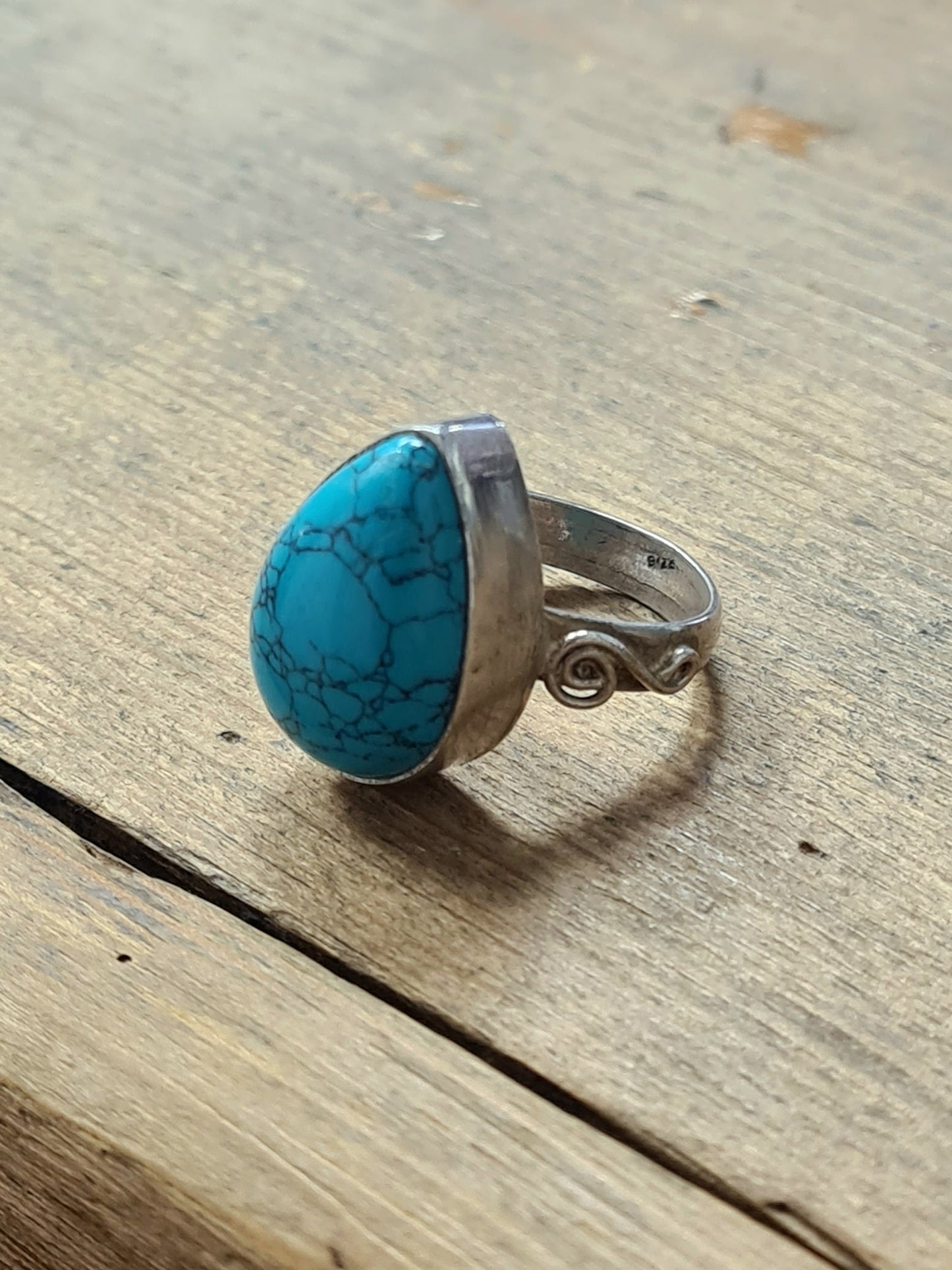 Vintage Turquoise Drop 925 Silver Ring