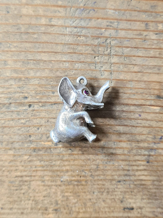 Vintage Red Stones Elephant Silver Pendant