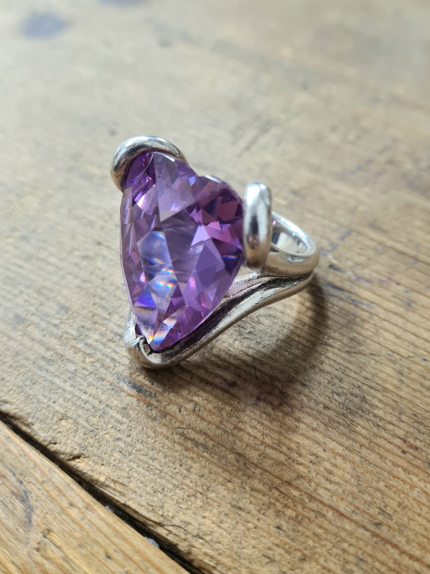 Modern Purple Glass Heart 925 Silver Size K 1/2 Ring