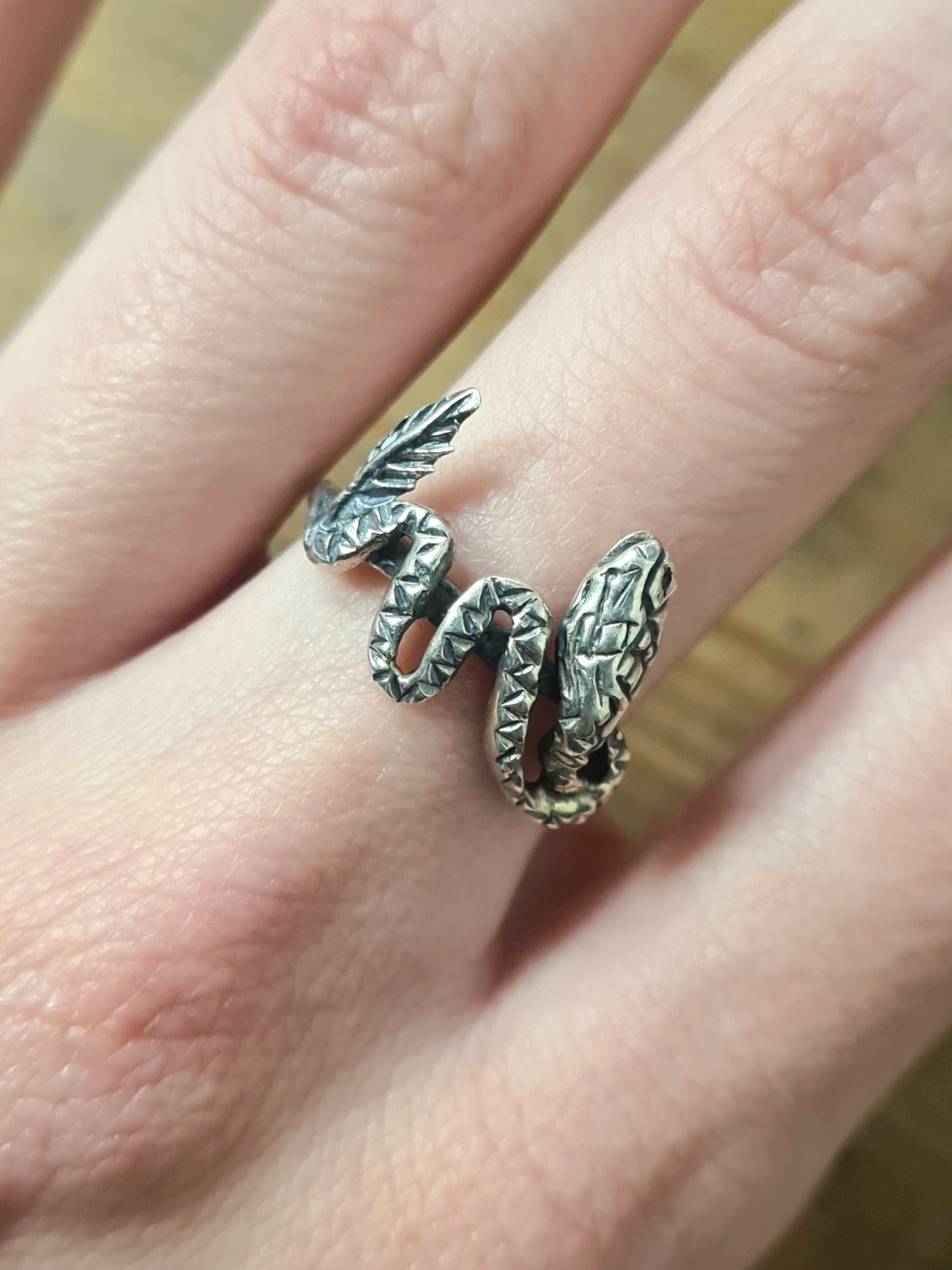 Vintage Snake and Feather 925 Silver Size P Ring