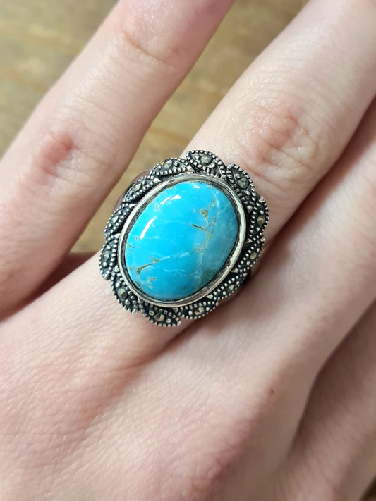 Vintage Turquoise Marcasite 925 Silver Size O Ring