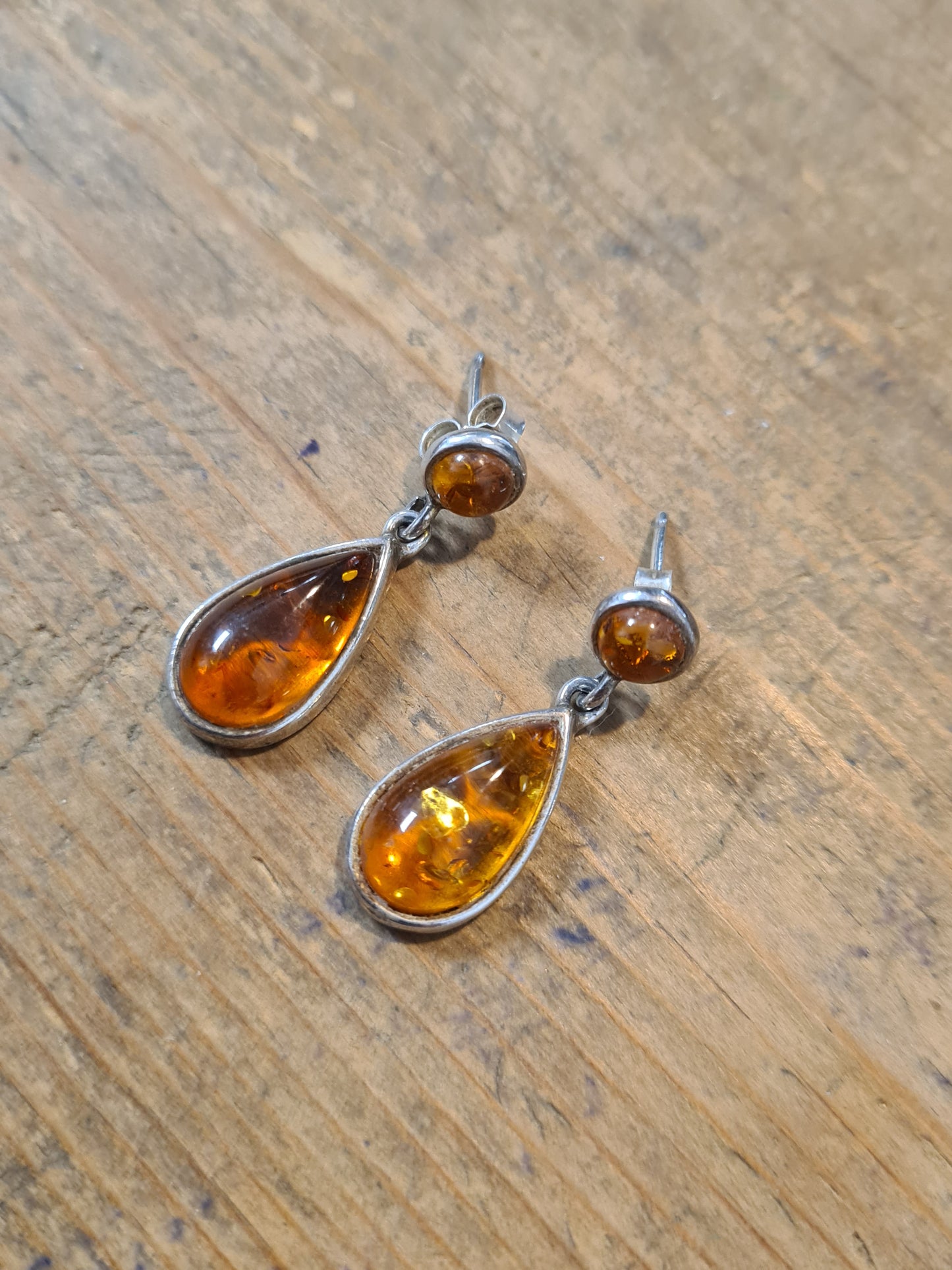 Vintage Amber Dangle 925 Silver Earrings