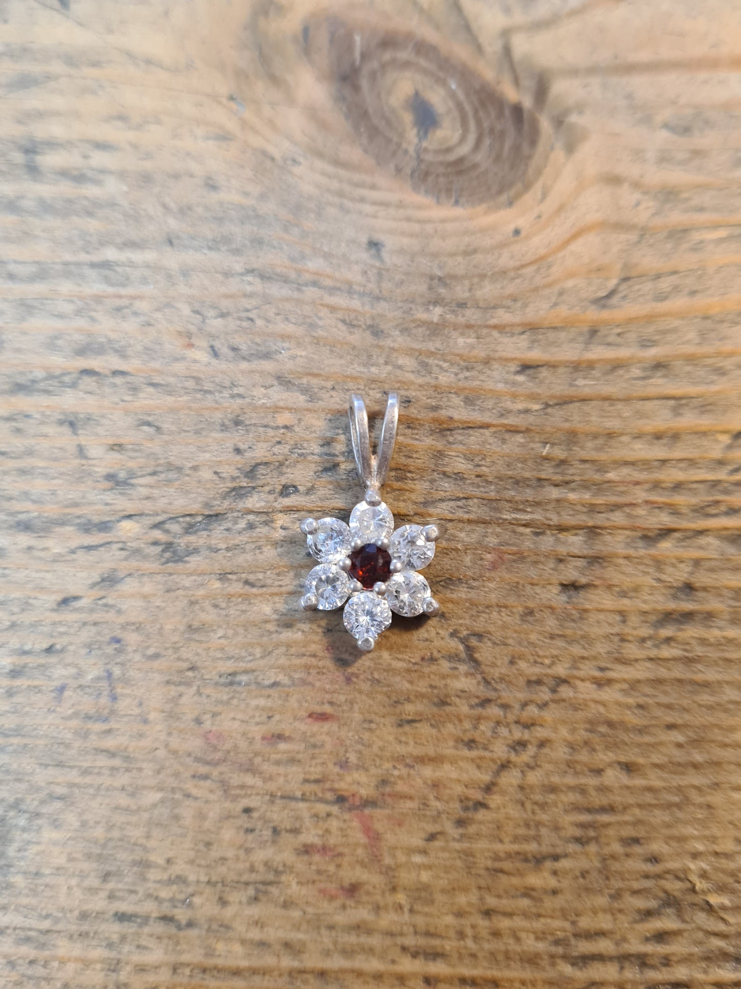 Modernist Red and White CZ Flower 925 Silver Pendant