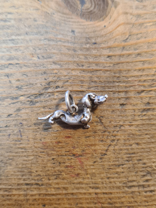 Vintage Cartoon Style Sausage Dog 925 Silver Charm Pendant