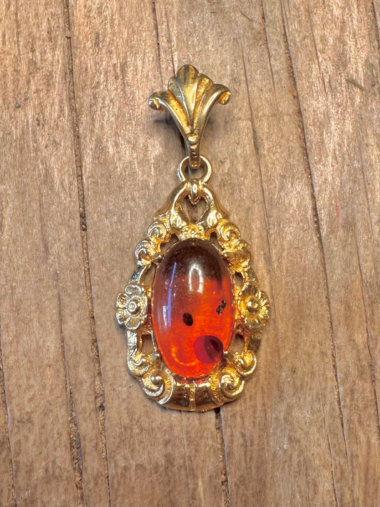 Vintage Amber Ornate Gold on 800 Silver Pendant