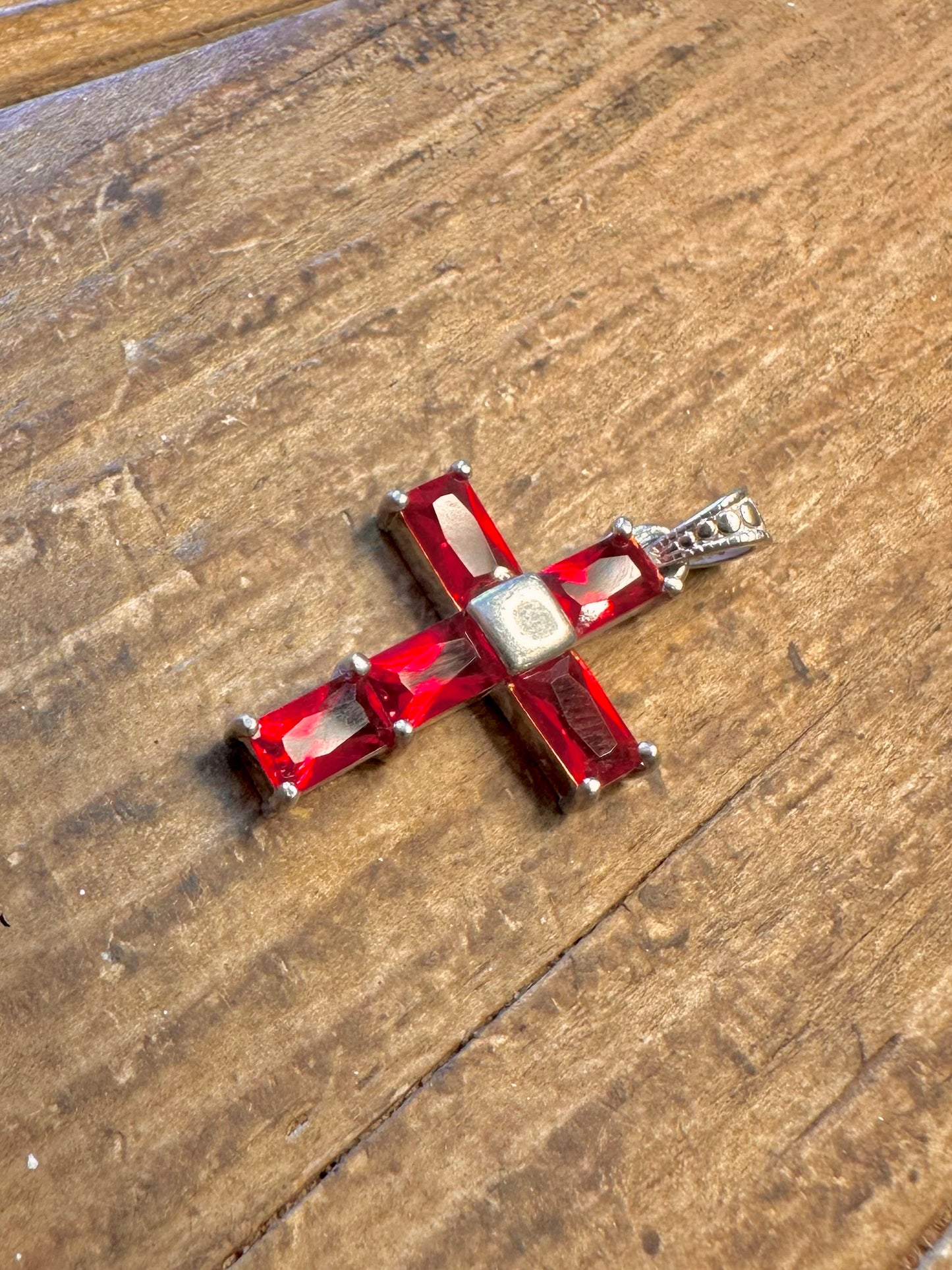 Red Stone Cross 925 Sterling Silver Pendant
