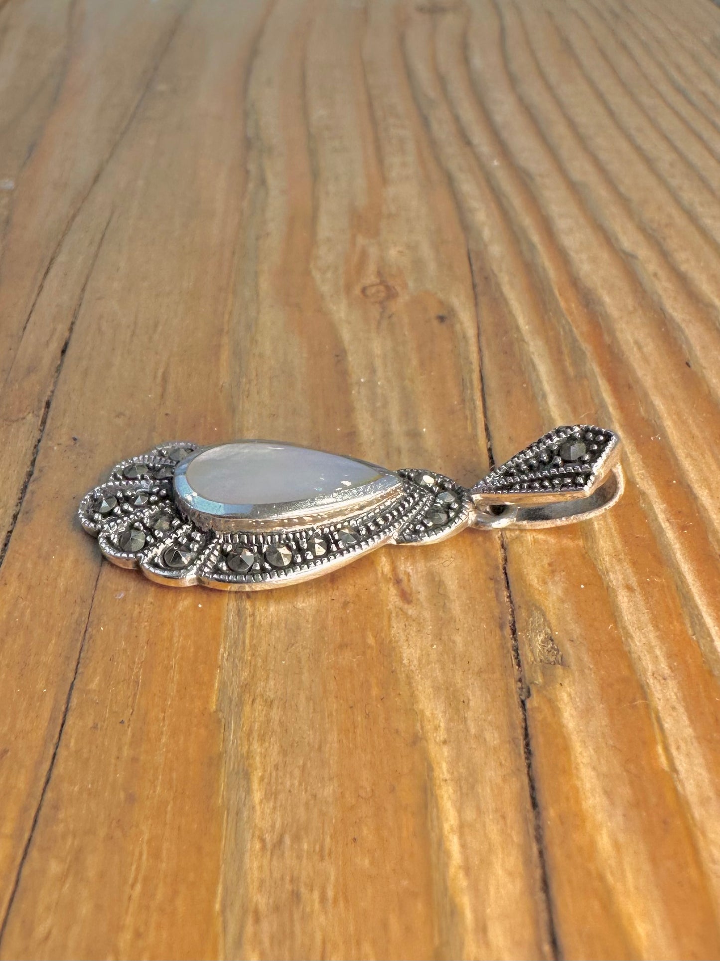 Art Deco Mother of Pearl and Marcasite 925 Sterling Silver Pendant