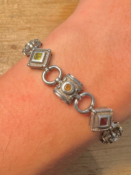 Vintage Multi Gemstone Shaped 925 Silver 7.6 inch Bracelet