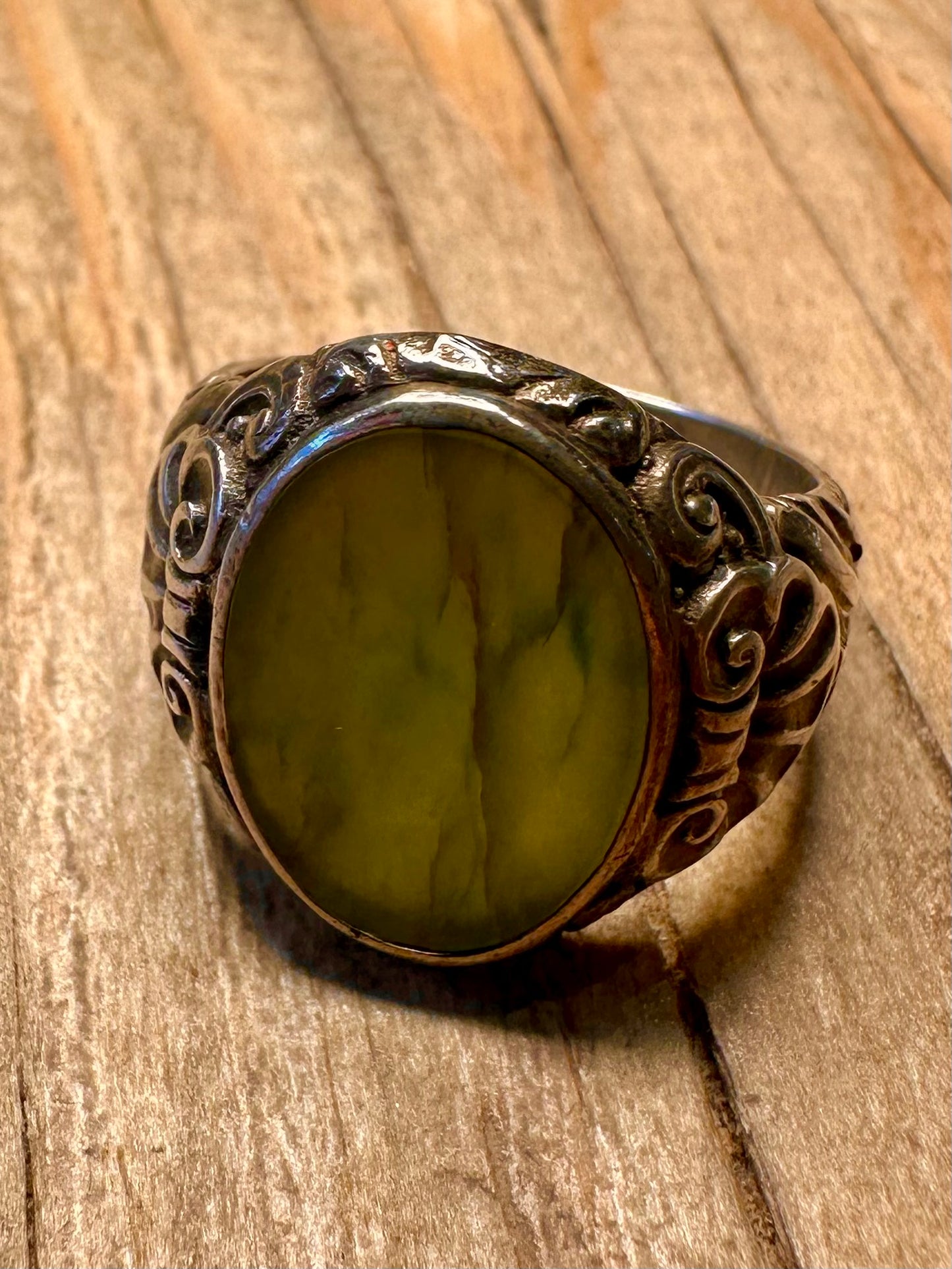 Vintage Jade Ornate Signet 925 Sterling Silver Size V Ring