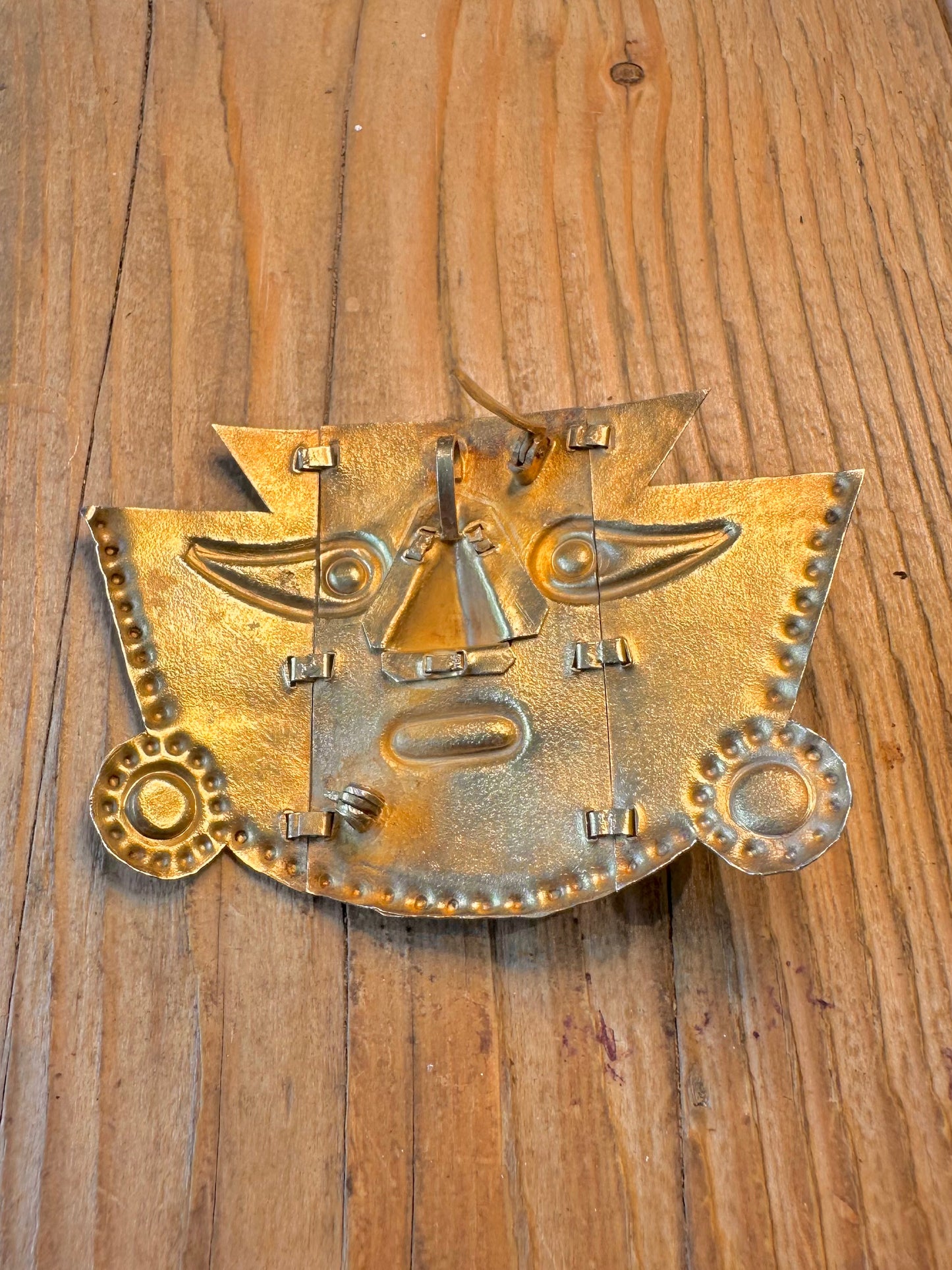 Peruvian Handmade Hinge Movement Sicán Lambeyeque Mask Coral Gold Toned 925 Sterling Silver Pendant And Brooch