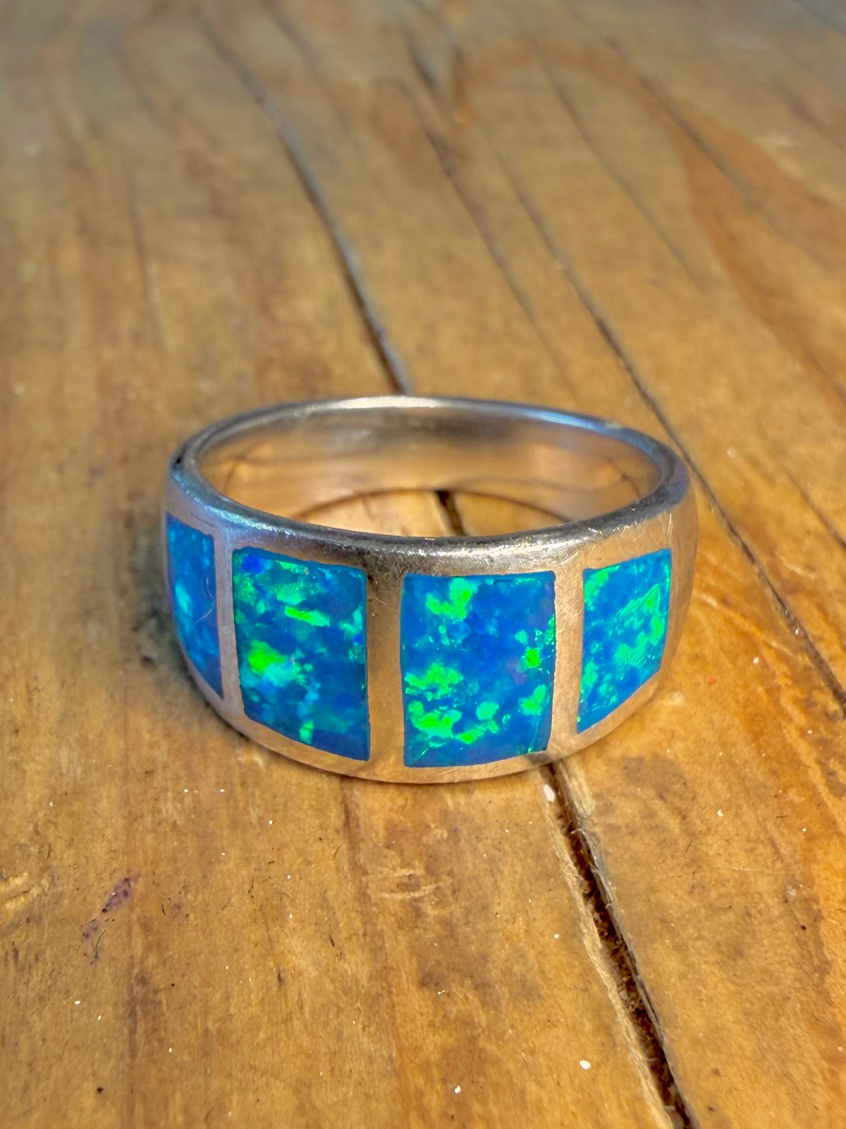 Blue and Green Opal Inlay 925 Sterling Silver Size N Ring