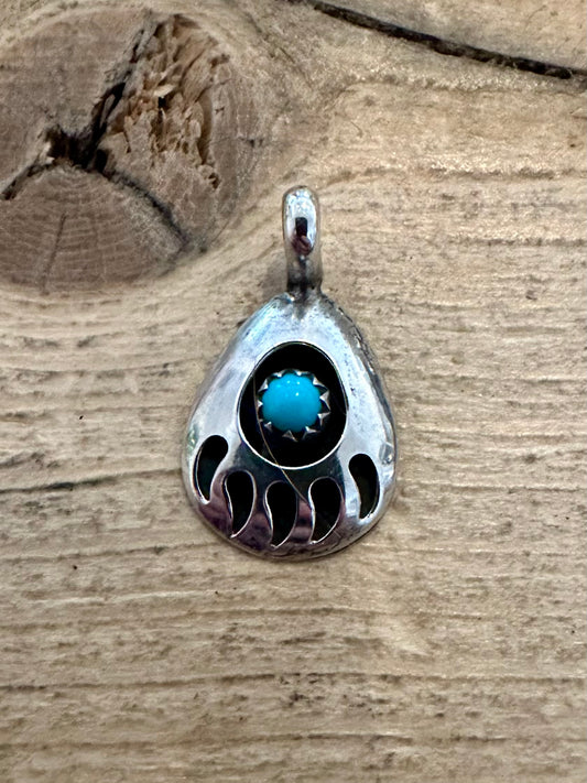 Vintage Navajo Turquoise Bear Claw Silver Pendant