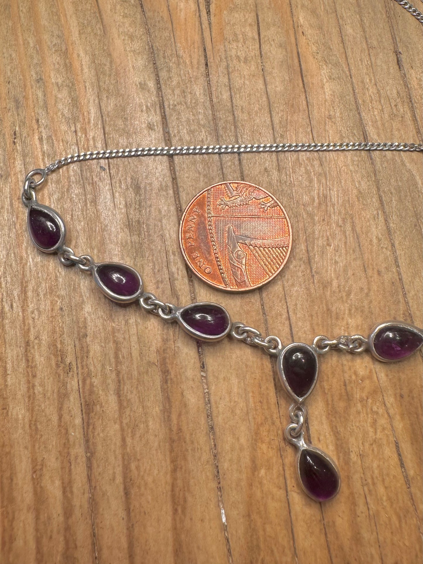 Vintage Amethyst Tear Drop 925 Sterling Silver 15.5 to 17.5 inch Necklace