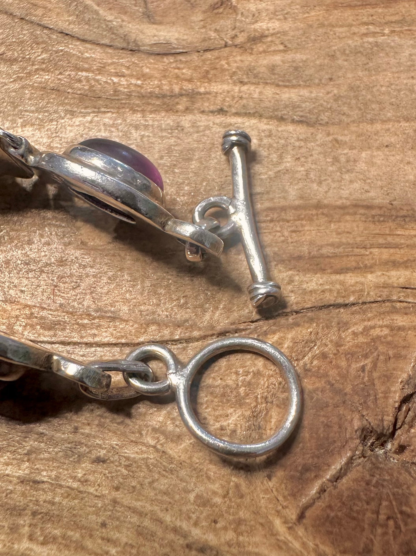 Vintage Amethyst Oval Link T Bar Clasp 925 Silver 6.8 inch Bracelet