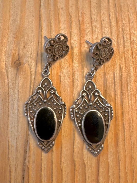 Vintage Onyx Ornate Dangle 925 Sterling Silver Earrings