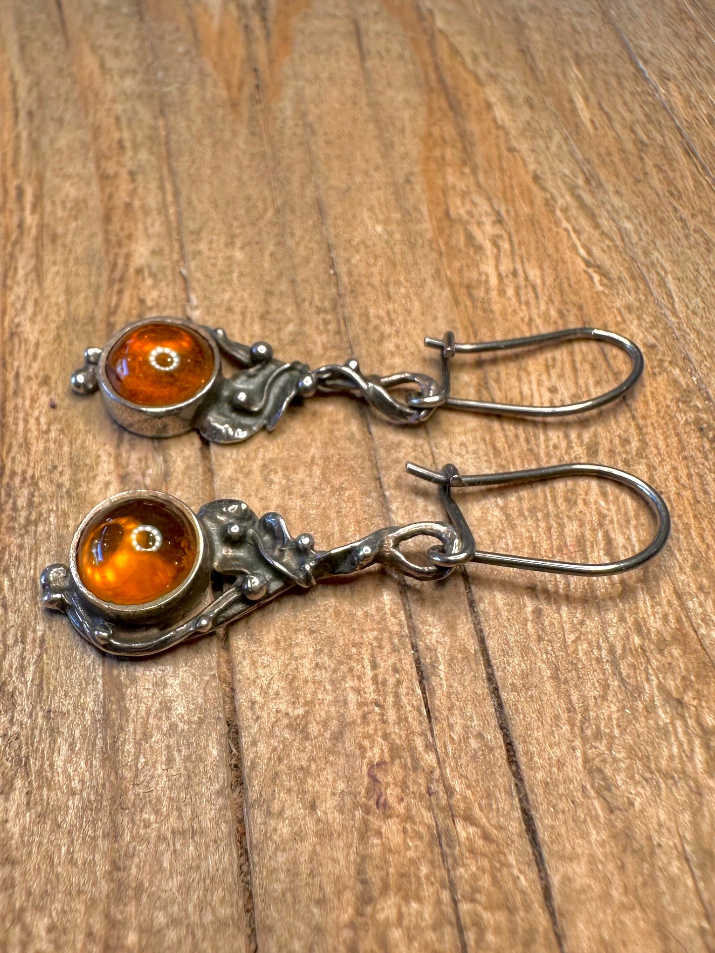 Vintage Amber Ornate 925 Sterling Silver Earrings