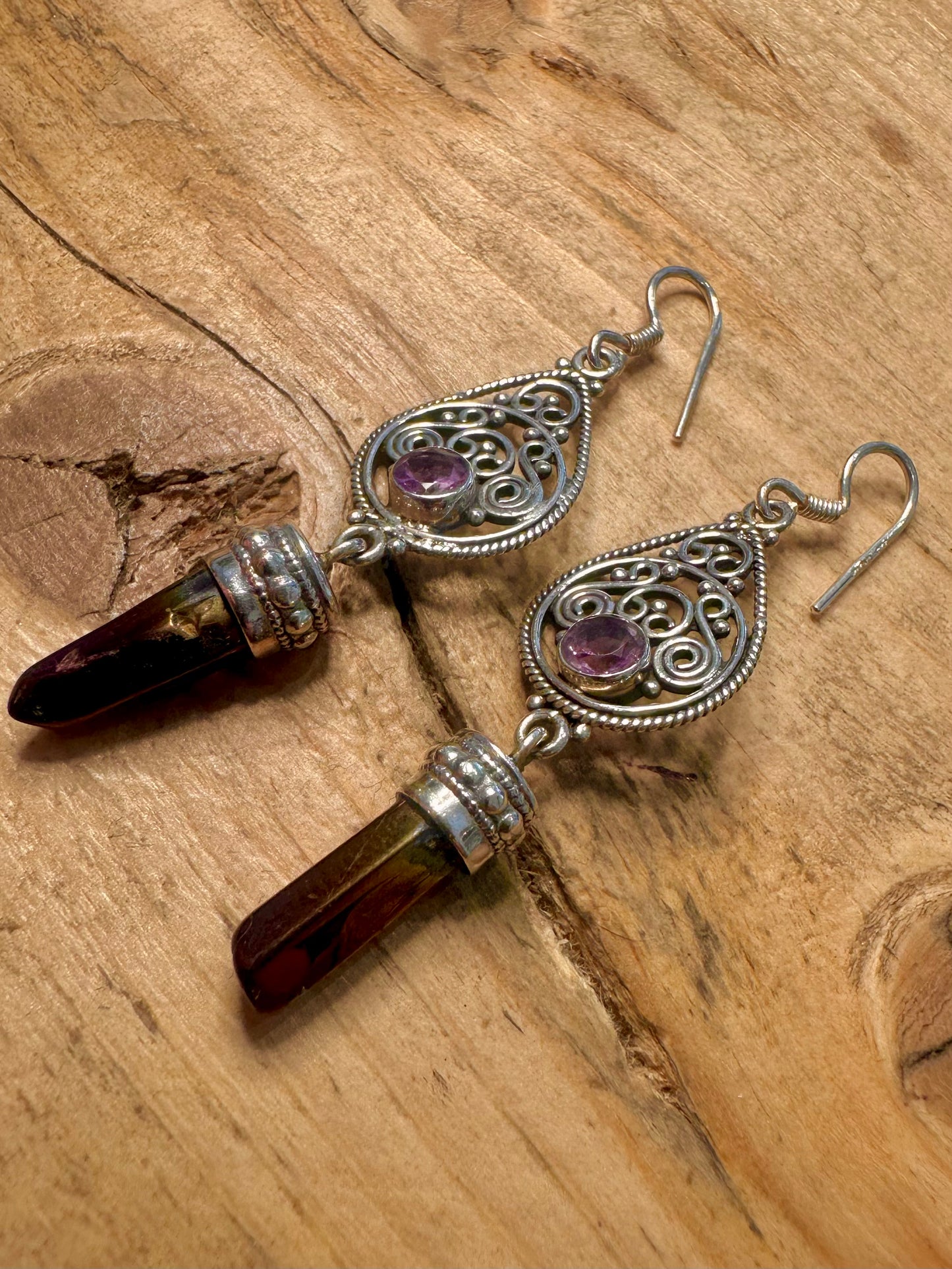 Vintage Amethyst and Multi Coloured Pillar Boho Filigree 925 Silver Earrings