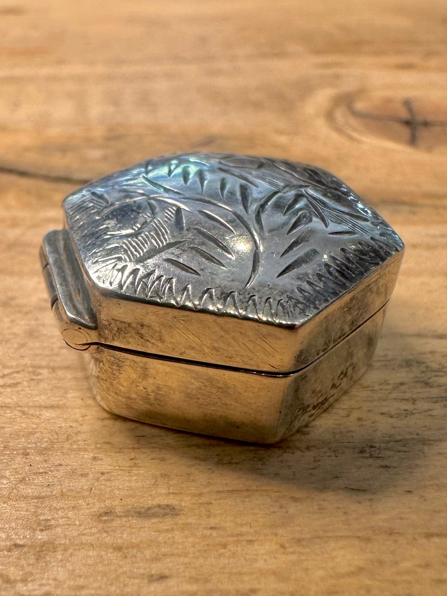 Vintage Engraved Hexagon Engraved Pill Box 925 Silver Collectable