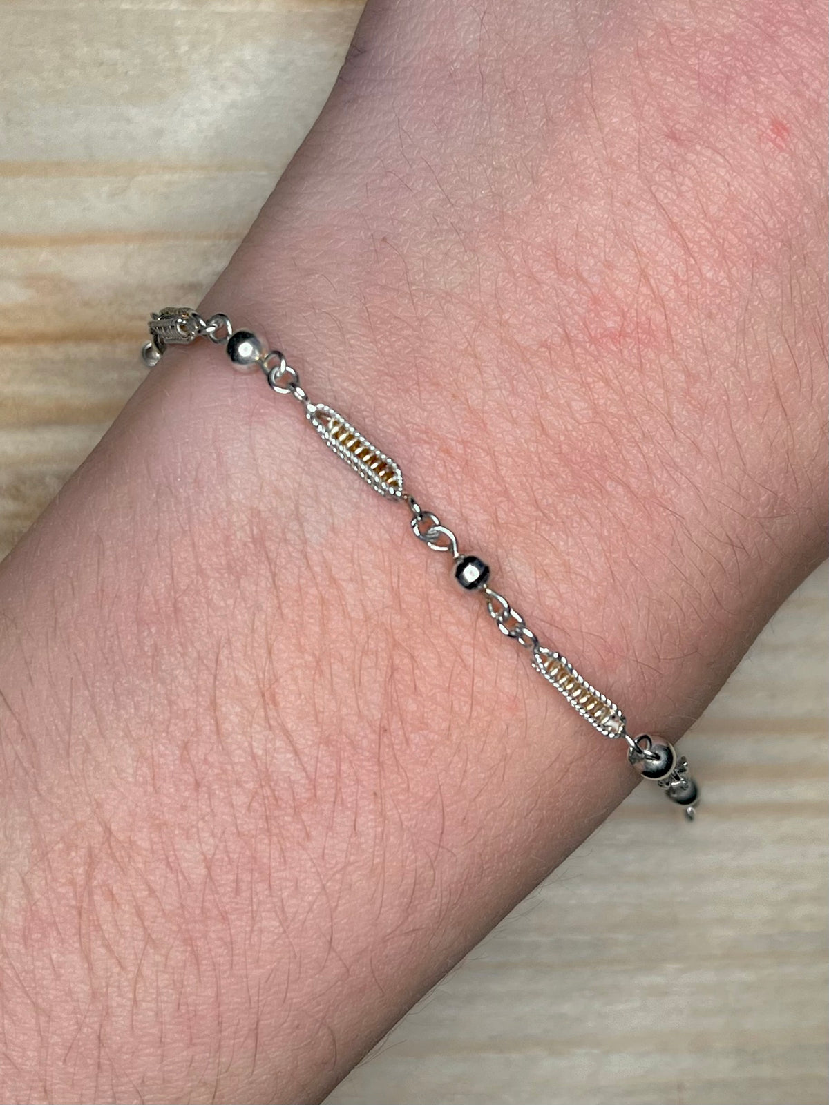 Delicate Filigree Bar and Ball Link 925 Sterling Silver 8 Inch Bracelet
