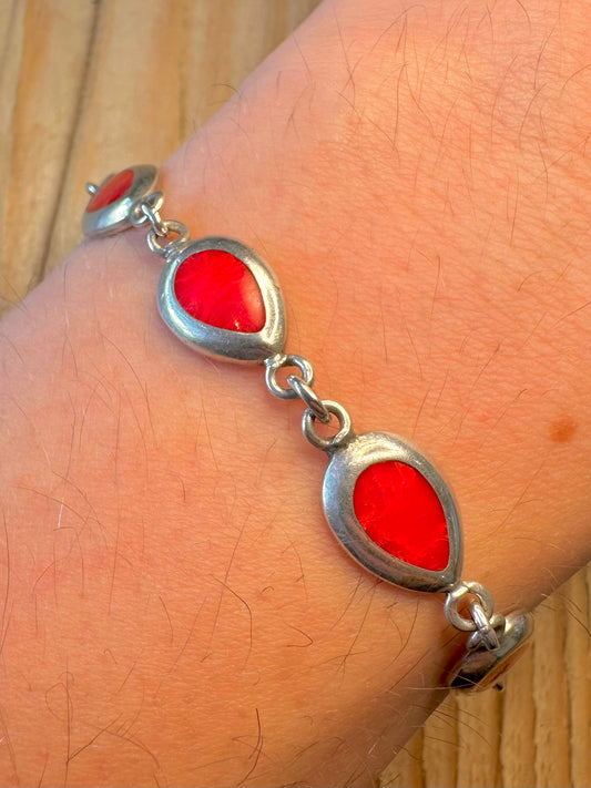 Modernist Coral Teardrop Shape Link 925 Sterling Silver 8.3 inch Bracelet