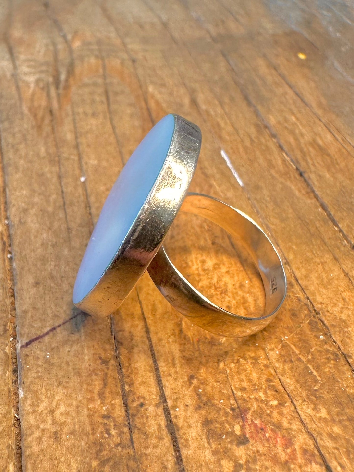 Blue Mother of Pearl Circle 925 Sterling Silver Size N Ring