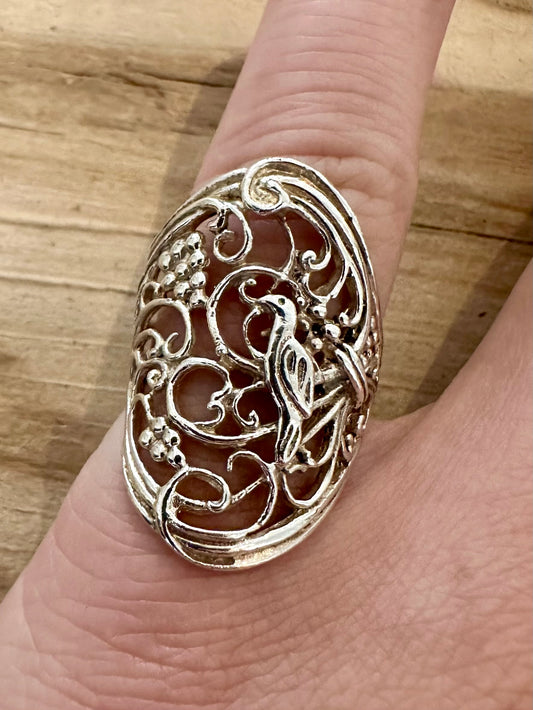 Vintage Art Nouveau Floral Bird 925 Silver Size L Ring