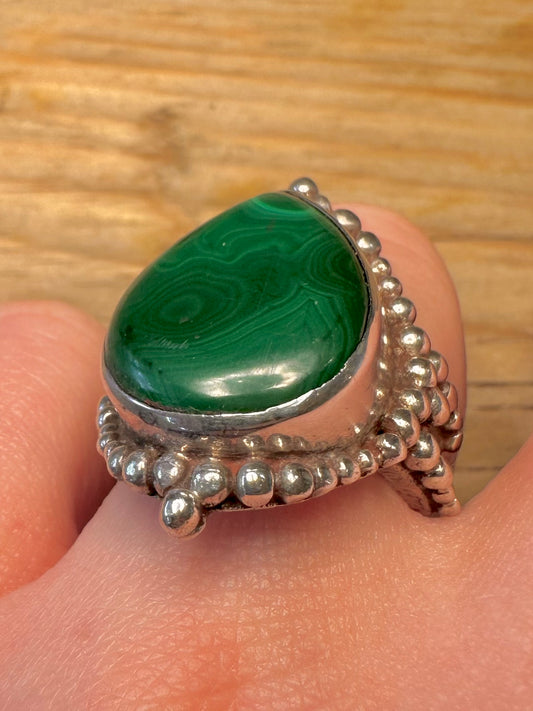 Vintage Southwestern Style Malachite 925 Sterling Silver Size O1/2 Ring