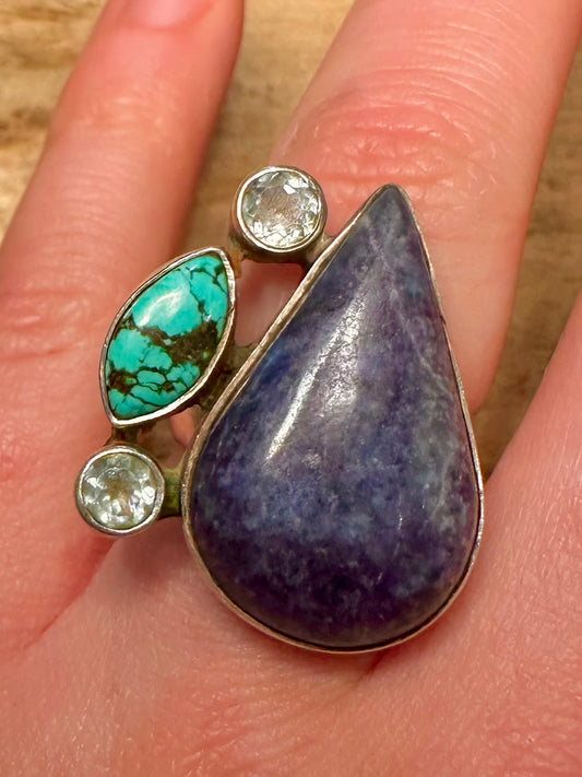 Vintage Large Sodalite Turquoise and CZ 925 Silver Size O Ring