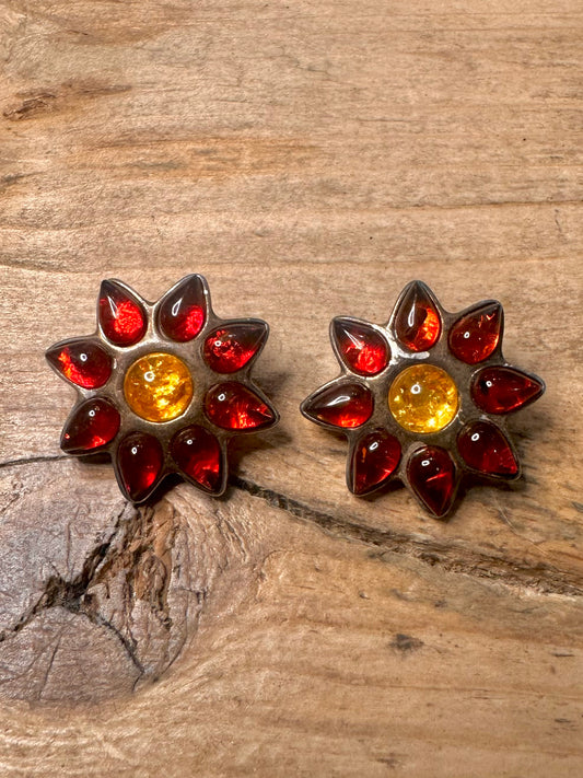 Vintage Amber Flower Poland 925 Silver Clip On Earrings