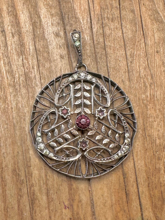 Antique Edwardian Filigree Floral Motif Purple and White Stone 925 Sterling Silver Pendant